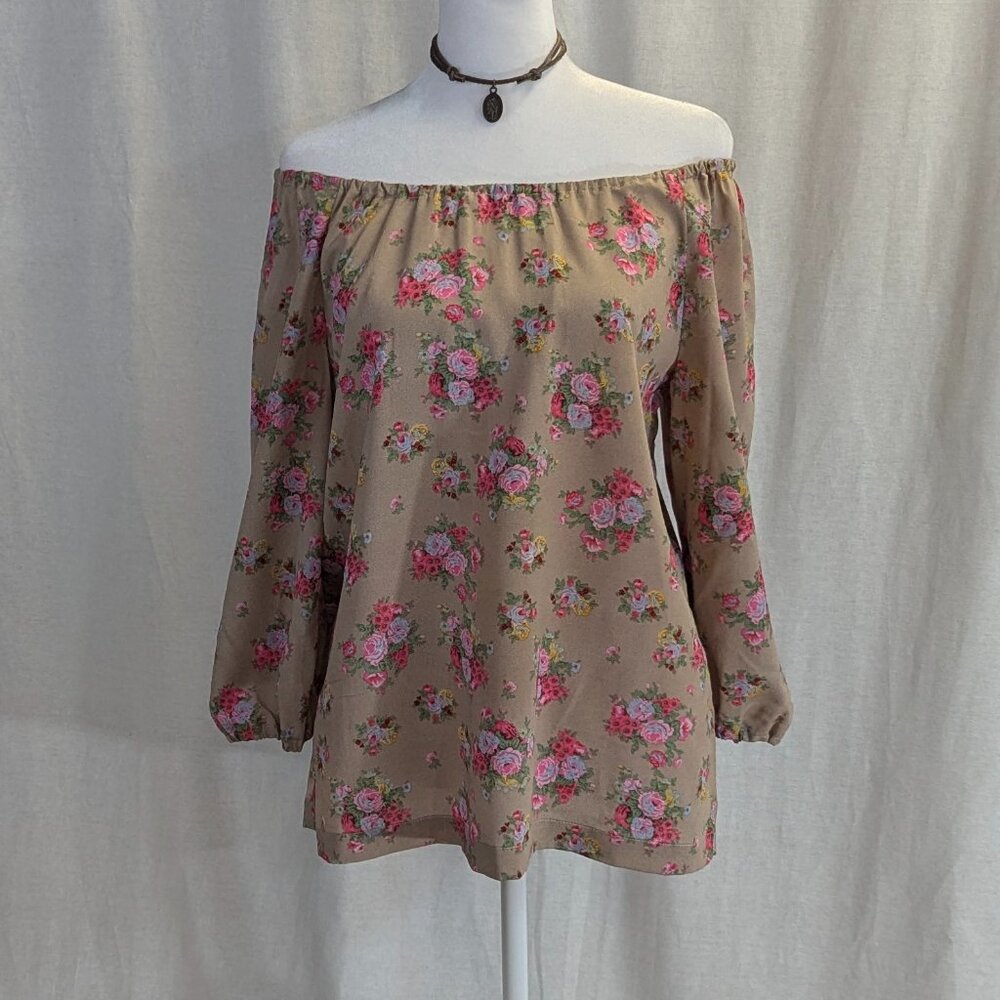 Veronica M Size Small 100% Chiffon Floral Off-Shoulder Top Tan/Pink